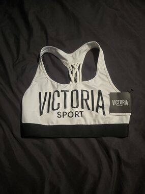 Victoria Sport White & Black Logo Racerback Sports Bra
